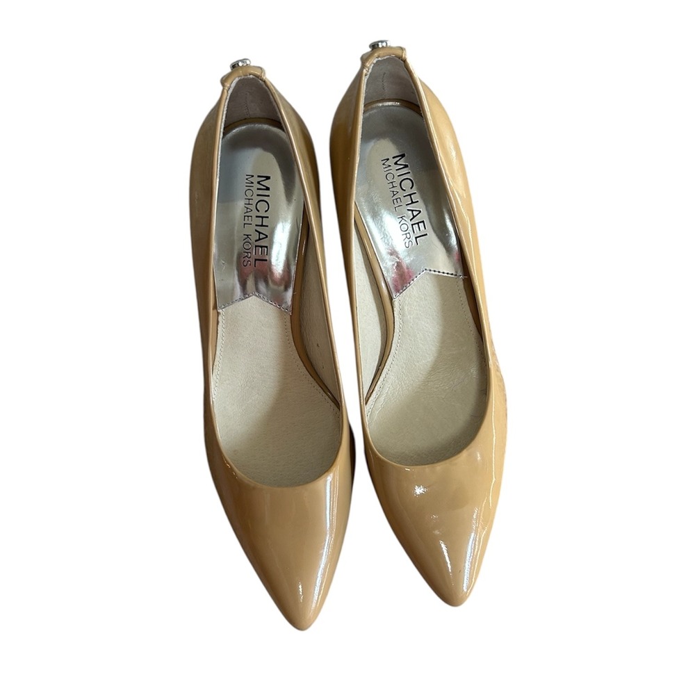 Michael Kors Pointed Toe Heels Tan Patent Leather Pumps Heel Rhinestone Detail